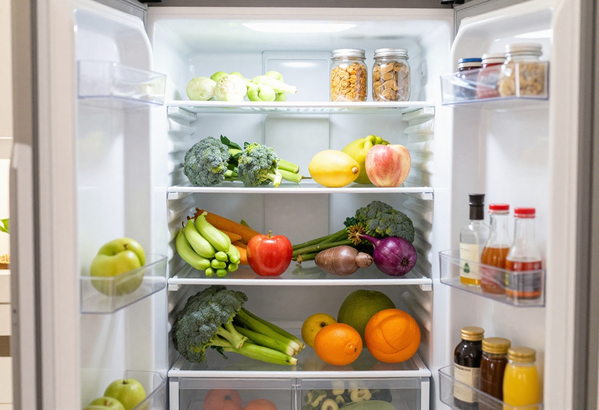 A neatly organized refrigerator with clear bins, mason jars, and fresh produce on shelves, creating a warm and cozy kitchen vibe.