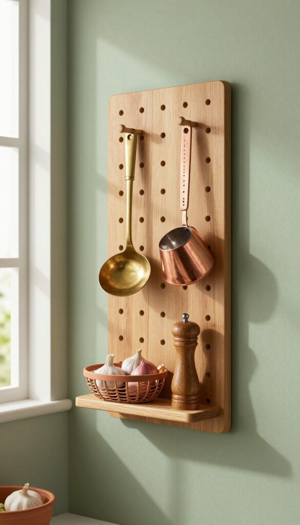 A warm Indian pantry with a sage green pegboard holding brass and copper utensils, a wooden spice grinder, and a terracotta basket with garlic and onions.