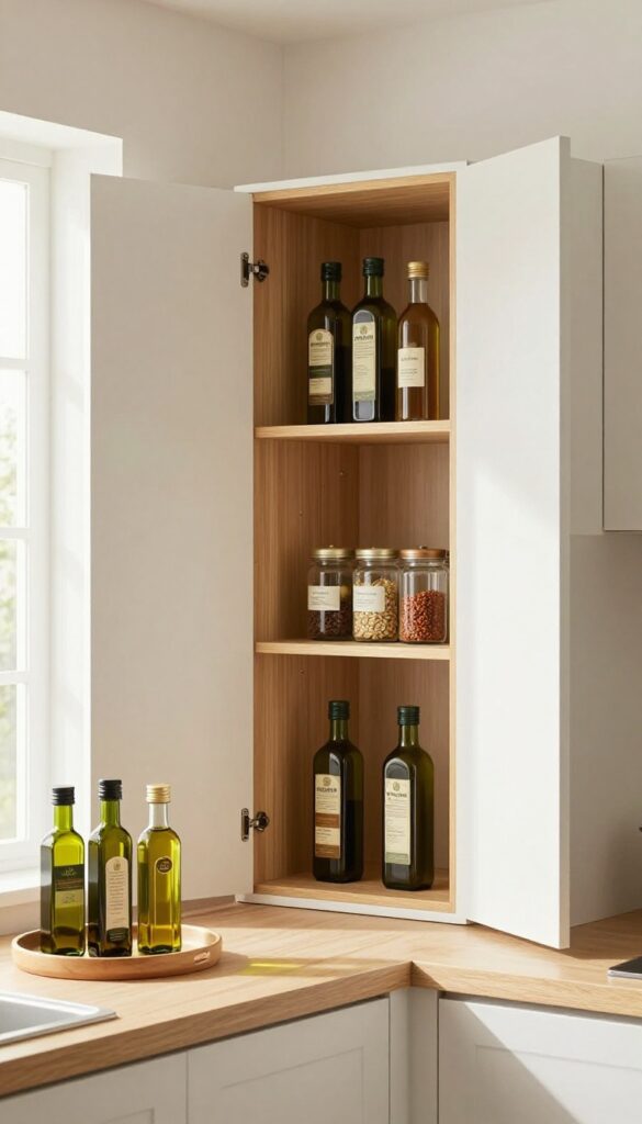 Open corner cabinet with a bamboo lazy Susan organizing oils and spices