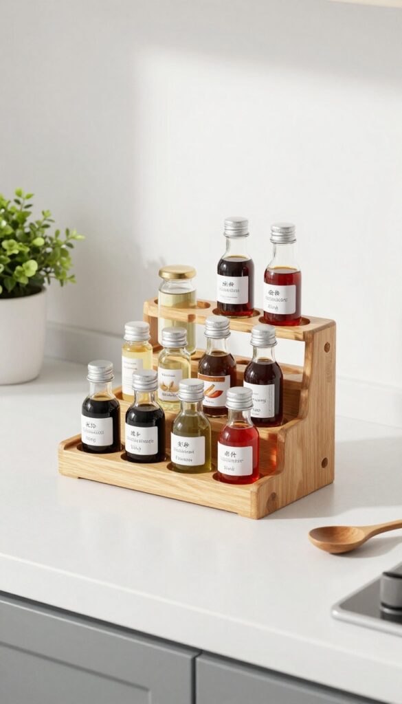 Tiered wooden spice rack on kitchen counter with small bottles of vanilla extract, almond flavoring, and chili oil, labels facing forward, near stove with plant and spoon rest.
