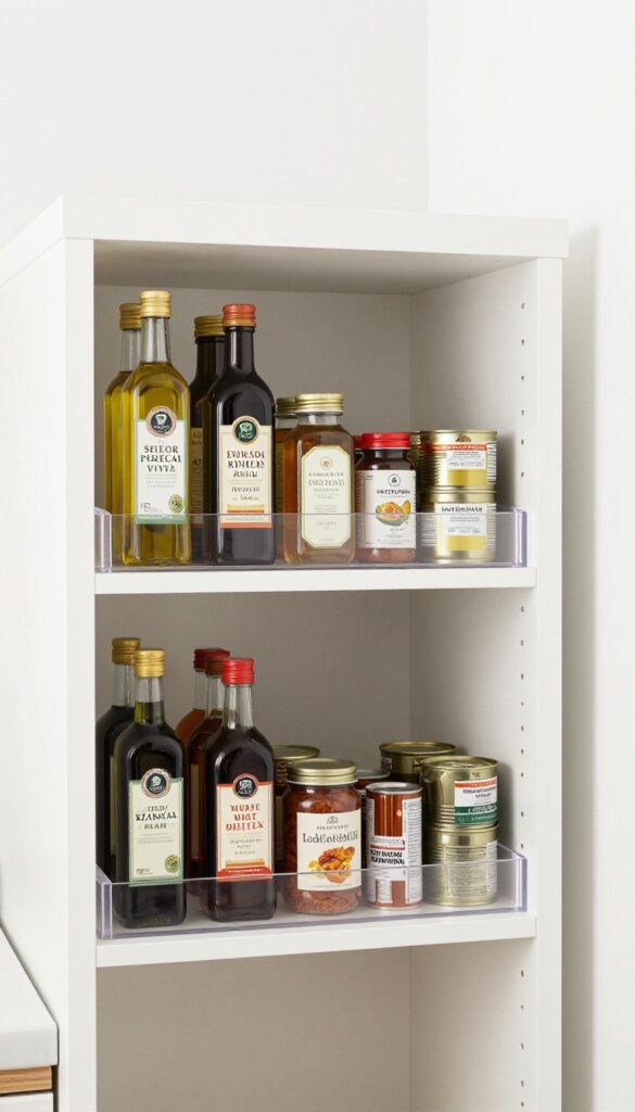Pantry corner shelf with a clear lazy Susan holding organized jars and cans, showcasing easy access to items in the back.