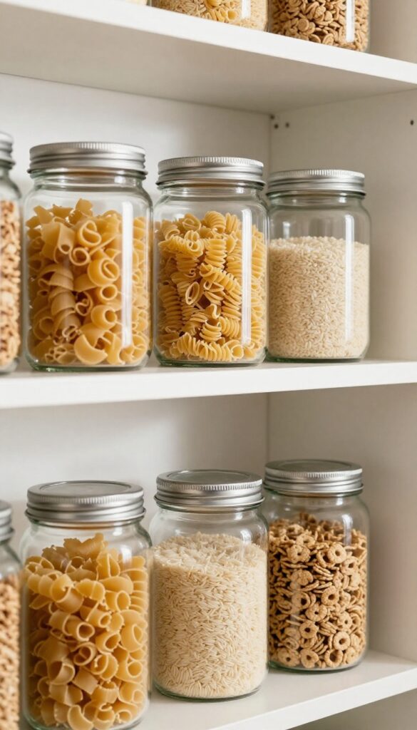 Clear glass canisters filled with pasta, rice, and cereal neatly arranged on a pantry shelf