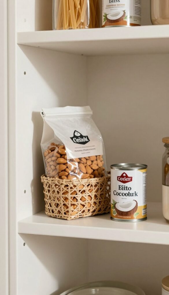 A small seagrass basket on a pantry shelf holds a half-empty bag of almonds, an open box of pasta, and a can of coconut milk, with soft natural light illuminating the scene.