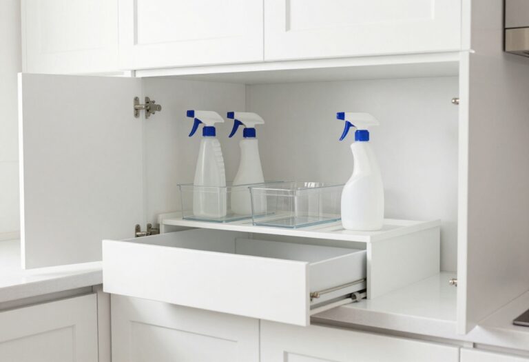 Organized under the kitchen sink cabinet with bins, tension rod, and pull-out drawer
