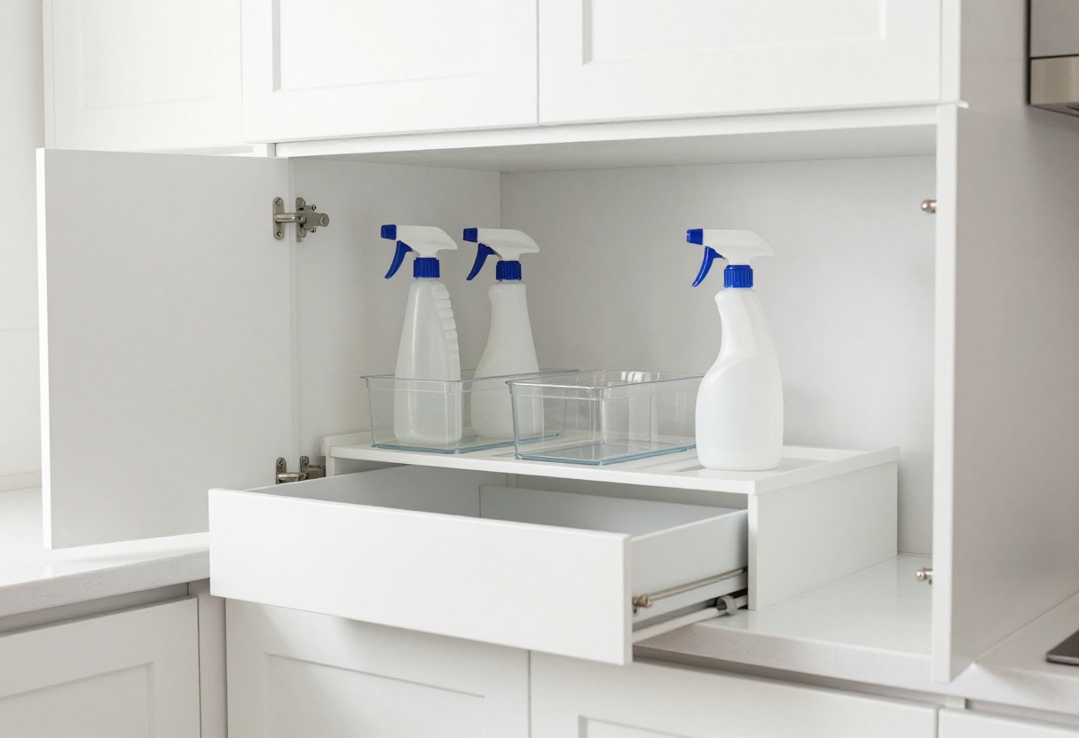 Organized under the kitchen sink cabinet with bins, tension rod, and pull-out drawer
