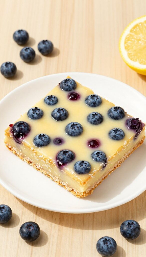 Keto lemon blueberry bar on a plate with blueberries and lemon slice