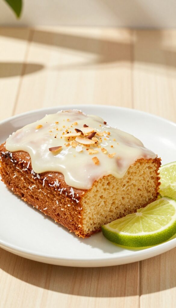 Slice of keto coconut lime pound cake with lime glaze on a white plate, tropical food photography.