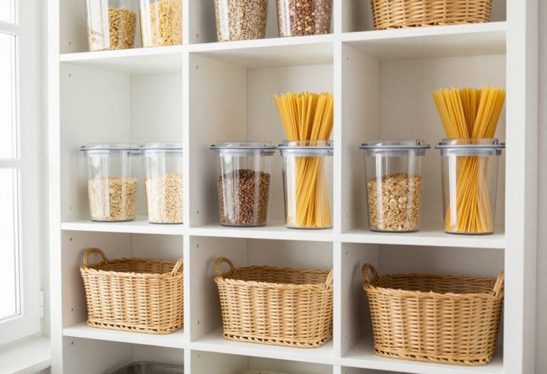Organized pantry with clear bins and baskets on white shelves