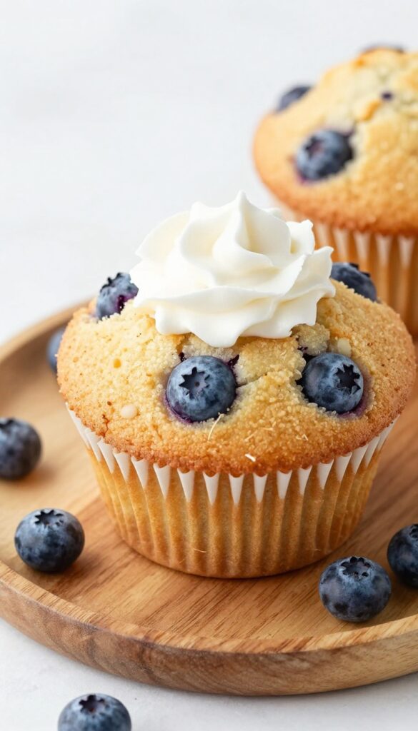 Slice of coconut flour blueberry muffin cake with coconut whipped cream on a wooden plate, fresh blueberries around.
