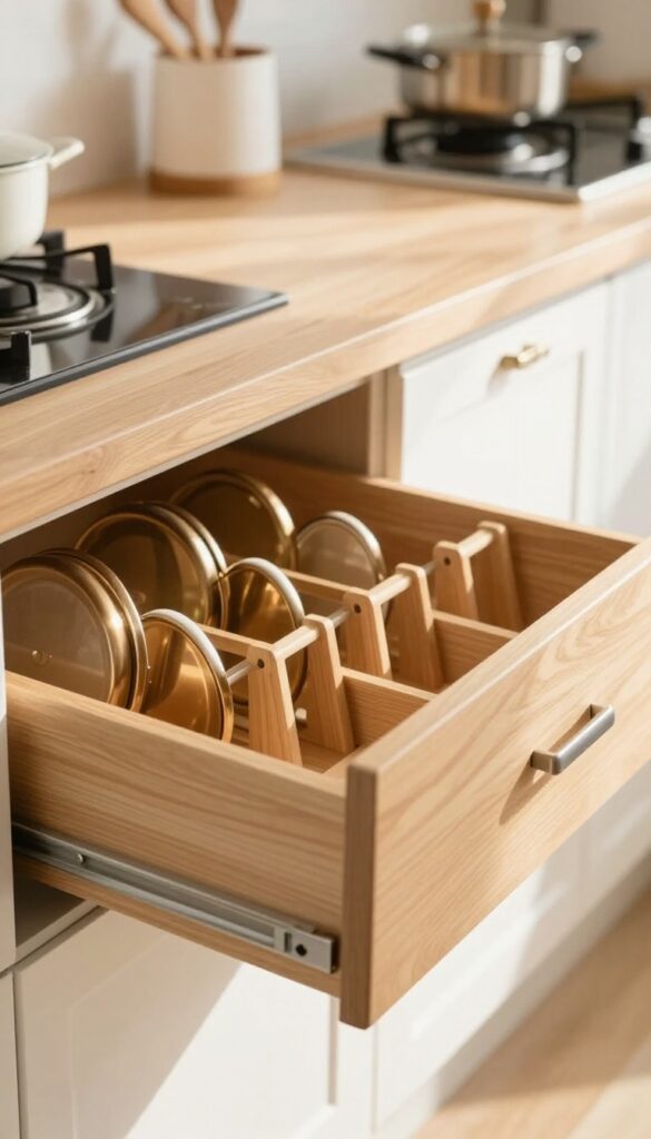 Deep kitchen drawer with pot lids organized vertically in a wooden rack, non-slip mat, natural light, modern kitchen background.