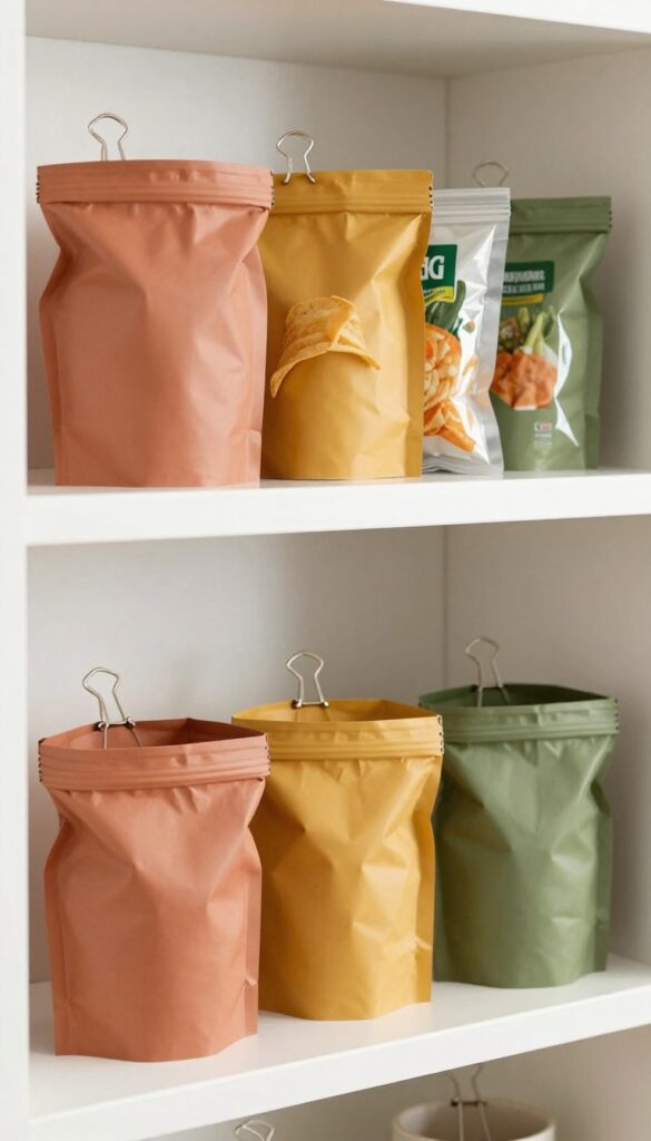 Colorful binder clips sealing pantry bags on a shelf, with warm earthy tones and natural light.