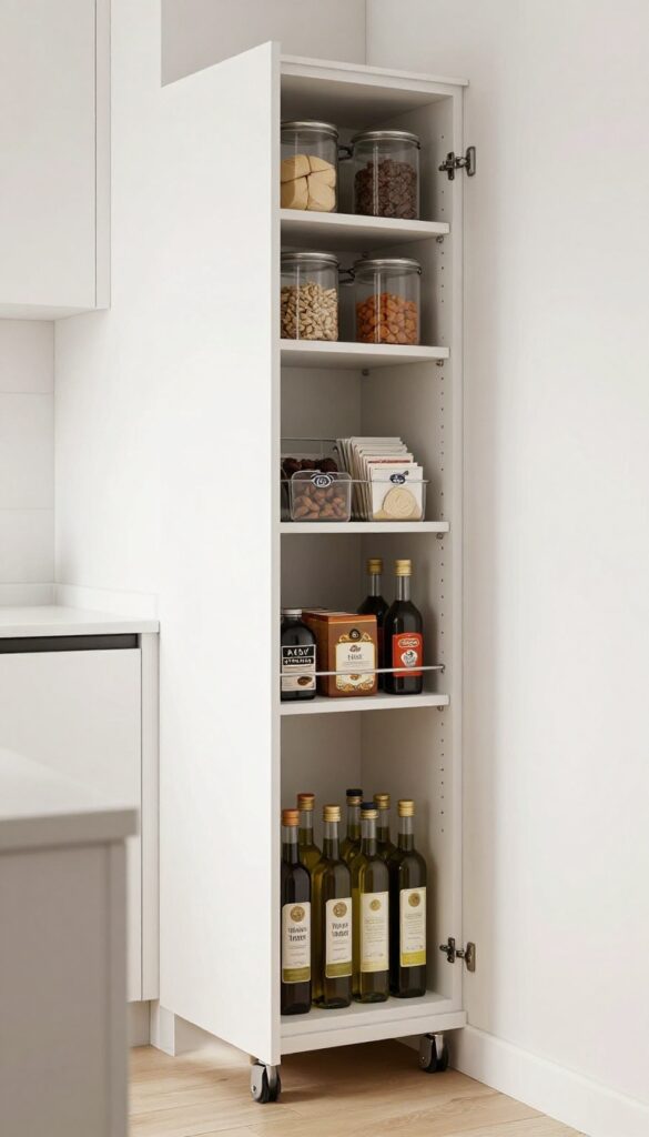 Pull-out pantry tower in narrow kitchen gap with spices and bottles on shelves