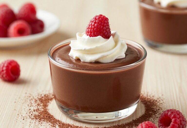 A glass bowl of creamy keto chocolate mousse topped with whipped cream and raspberries