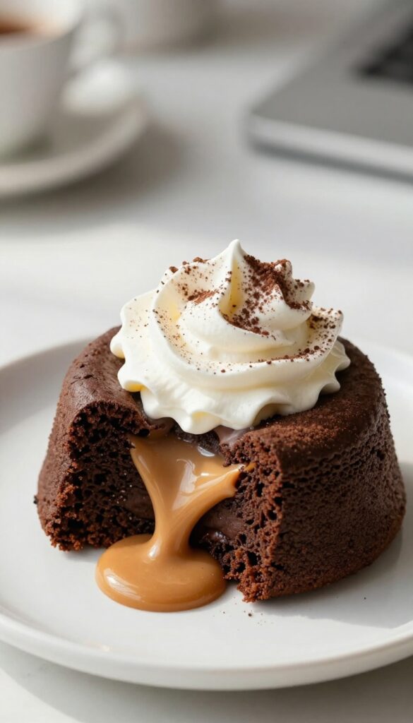 Keto peanut butter swirl chocolate lava cake on a white plate with whipped cream and cocoa powder dusting.