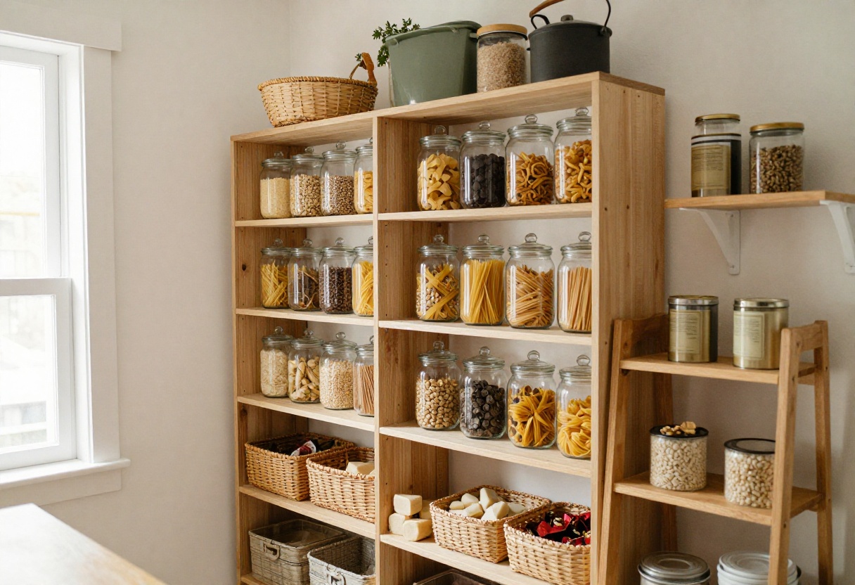 Warm and organized kitchen pantry with glass jars, baskets, and tiered shelving
