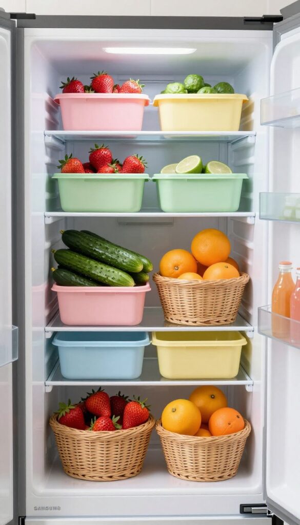 Samsung fridge interior with color-coded pastel bins and woven baskets filled with fresh produce, organized in a rainbow gradient.