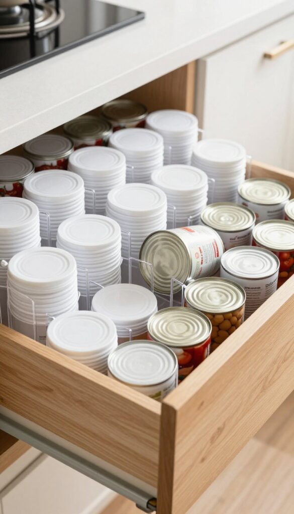 Stackable can organizers in a pantry drawer with neatly arranged canned goods rolling forward.