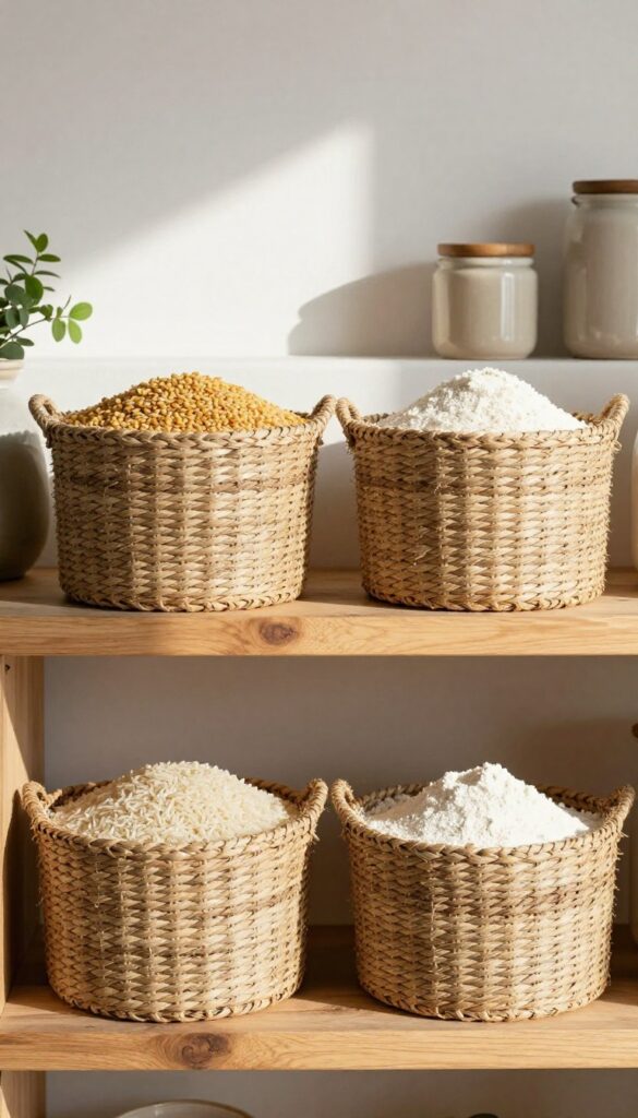 Woven seagrass baskets filled with bulk dal, rice, and flour on a wooden pantry shelf, with natural light and a warm, lived-in aesthetic.