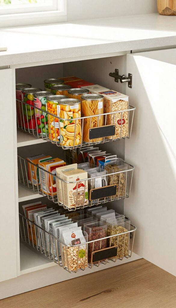 Pull-out pantry baskets in a deep kitchen cabinet, organized with cans, pasta, and clear bins, bright natural light.