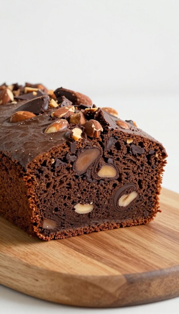 Slice of mocha almond fudge pound cake on wooden board with chocolate swirls and almonds