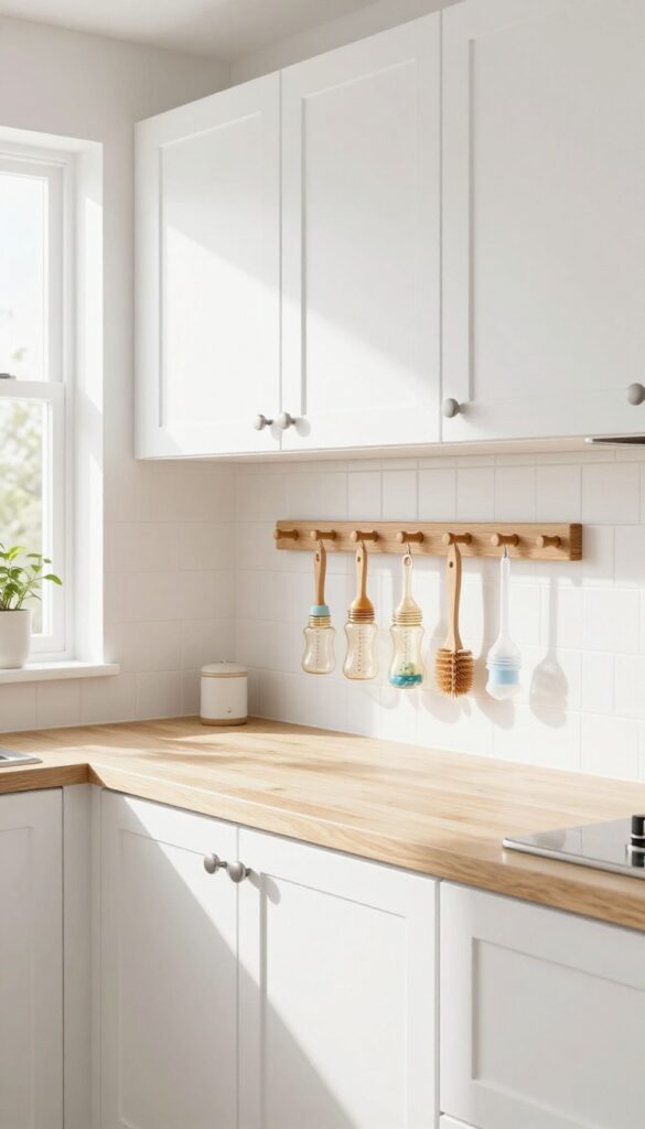 Wall-mounted wooden peg rail with hooks holding baby bottles upside down in a light and airy kitchen
