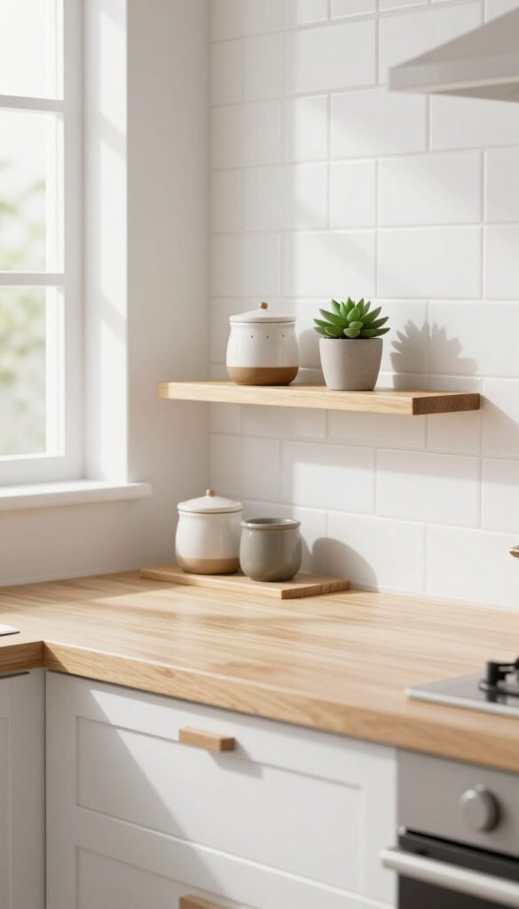 A narrow shelf mounted above a kitchen counter, holding a few small items like a salt cellar, a plant, and a cookbook, with natural light illuminating the scene.