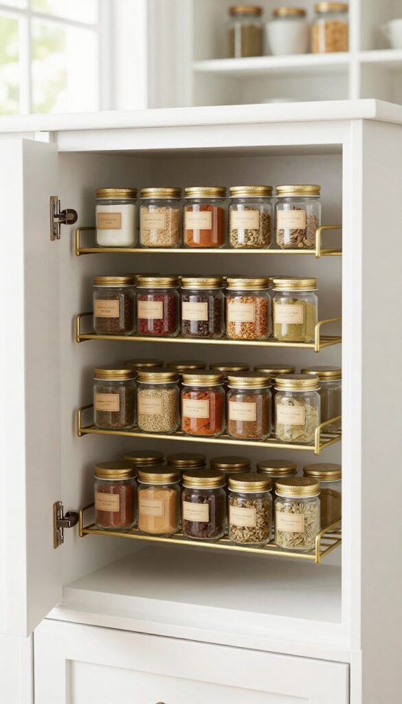 Over-the-door spice rack in a kitchen pantry with organized jars and natural light