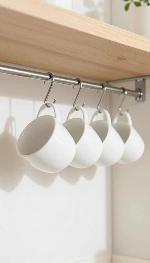 White ceramic mugs hanging from hooks under a kitchen cabinet shelf, with natural light and a clean, bright kitchen background.
