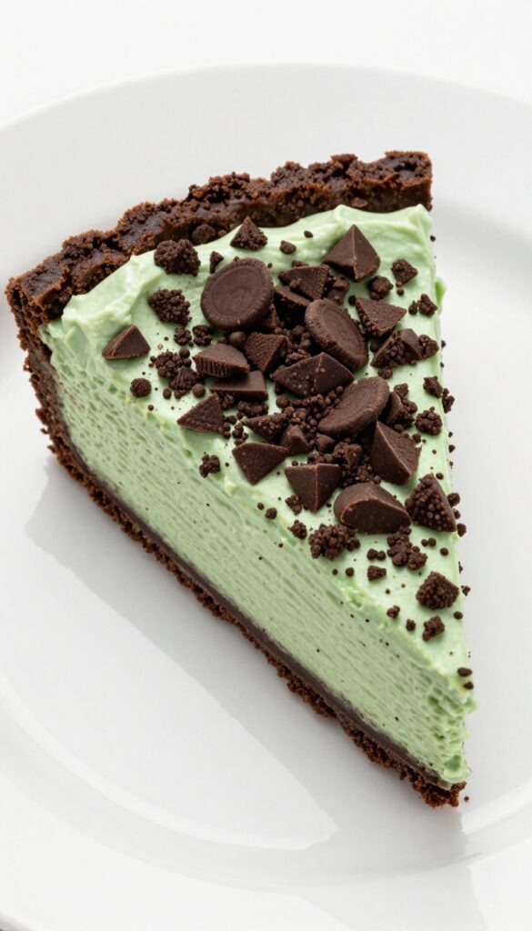 Slice of chocolate mint cream pie with cookie crust and whipped cream topping on a white plate.