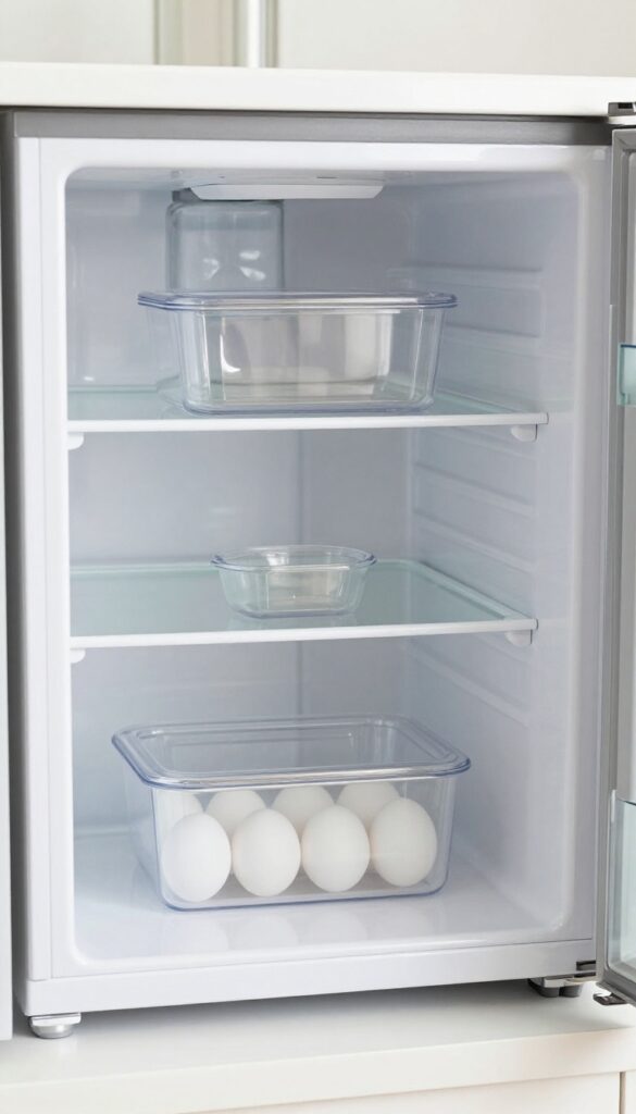 Clear acrylic egg holder with lid on a tray inside a tidy mini fridge