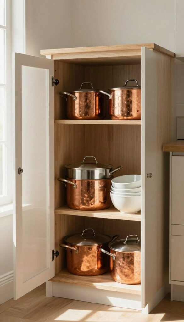 Open corner cabinet with a wooden lazy Susan holding pots, pans, and bowls, organized and bathed in natural light.