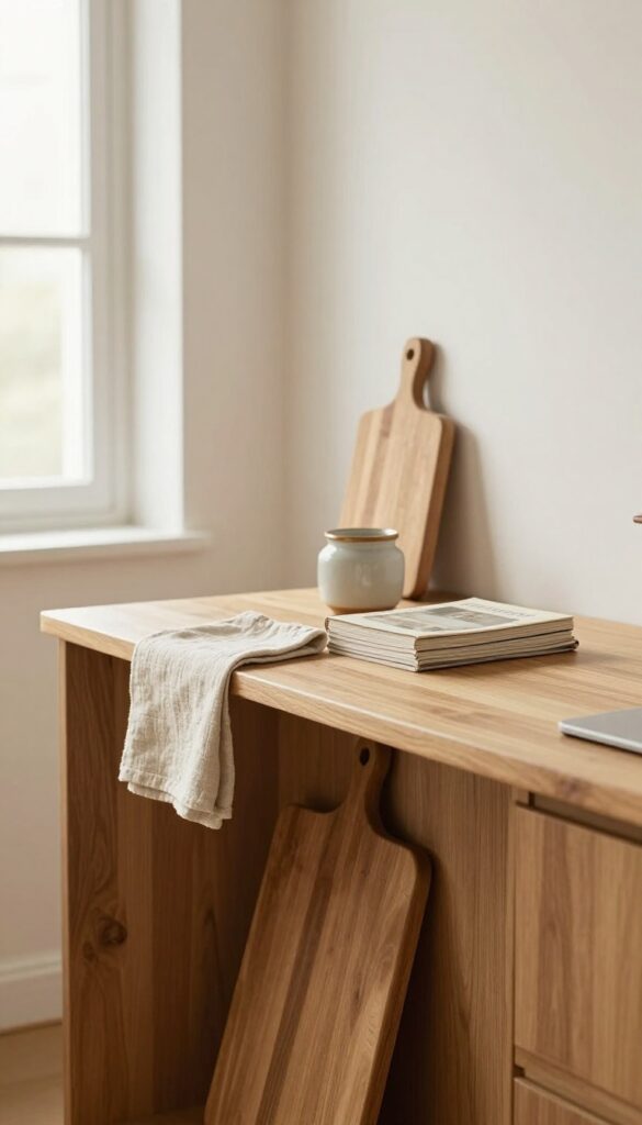 Kitchen island with a slim shelf holding cookbooks, napkins, and a ceramic jar, natural light, cozy and organized.