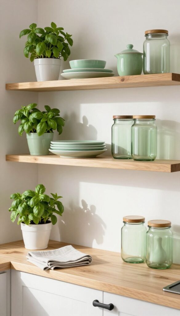 Kitchen shelves with spring seasonal decor: fresh herbs, white and green ceramics, and linen accents in natural light.