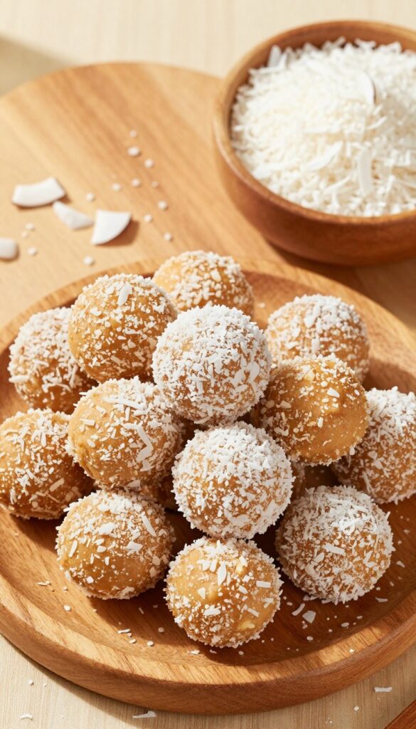 Coconut peanut butter no-bake bites on a wooden plate with shredded coconut