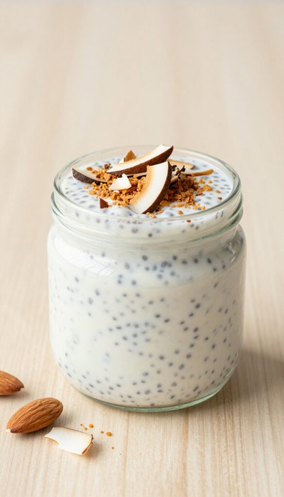 Creamy coconut chia pudding topped with toasted coconut flakes and sliced almonds in a glass jar on a wooden surface.