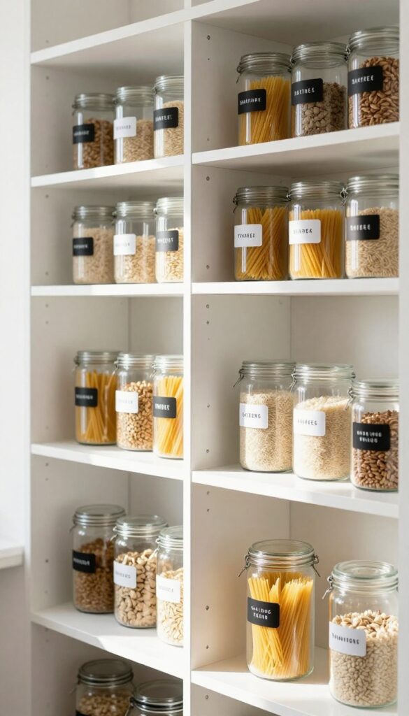 Bright closet pantry with labeled glass jars and bins on white shelves, natural light, clean and organized.