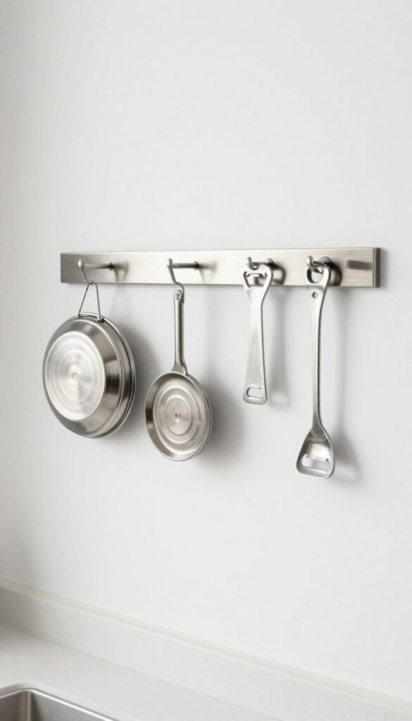 A wall-mounted magnetic strip in a garage pantry holding metal lids and small tools, freeing up shelf space.