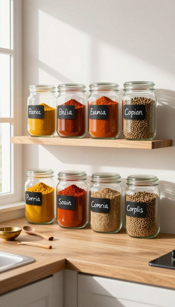 Clear glass jars of Indian spices grouped by cuisine on a wooden shelf with chalkboard labels, warm natural light, wooden spoon and brass diya nearby.