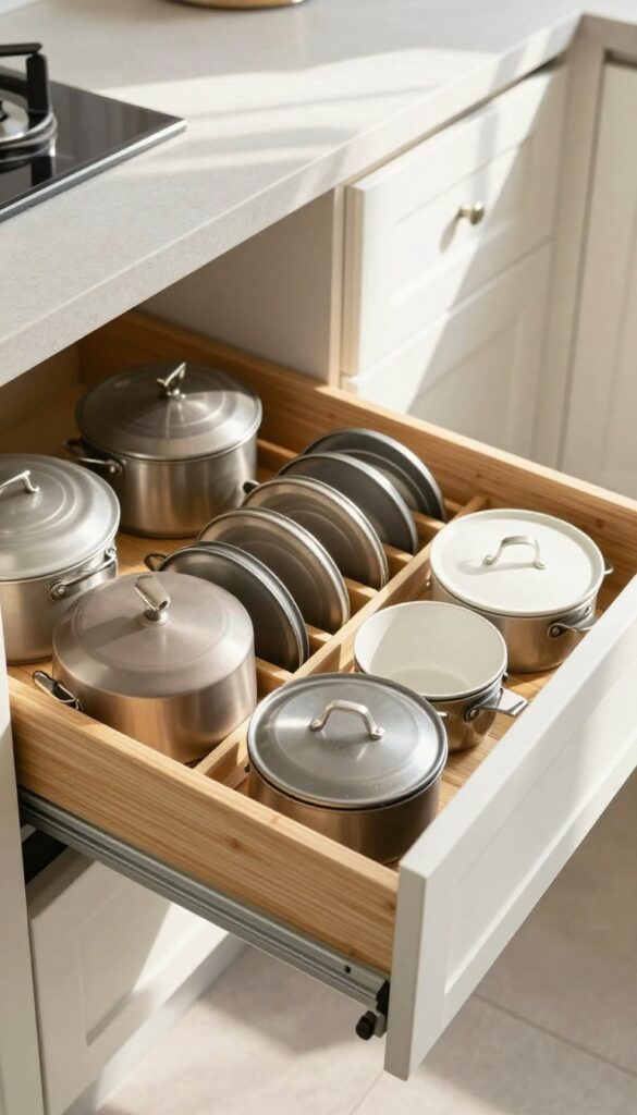 Kitchen drawer with upright pot lid organizers in wooden dividers