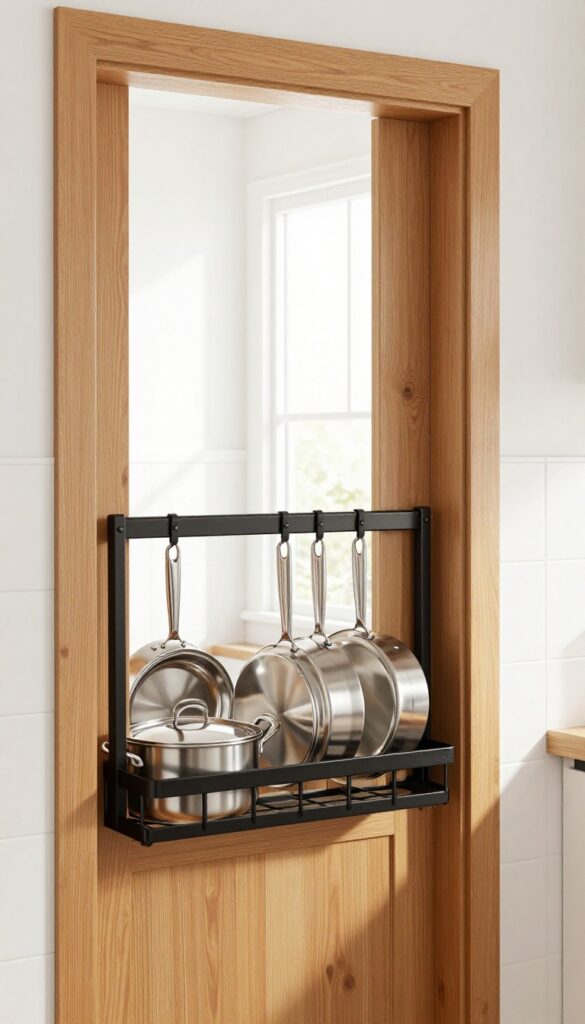 Over-the-door rack holding pots and pans in a small Indian kitchen, bright natural light, clean composition.