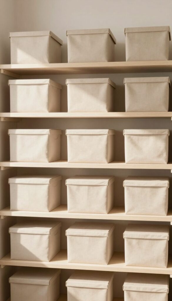 Pantry shelves with fabric-covered boxes in neutral linen, creating a cohesive and airy storage solution.