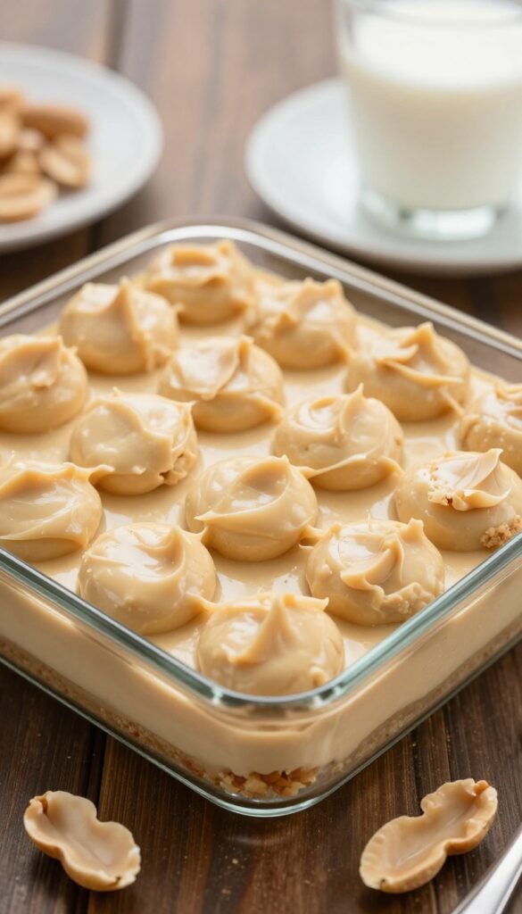 No-bake peanut butter cheesecake bites in a glass dish on a wooden table