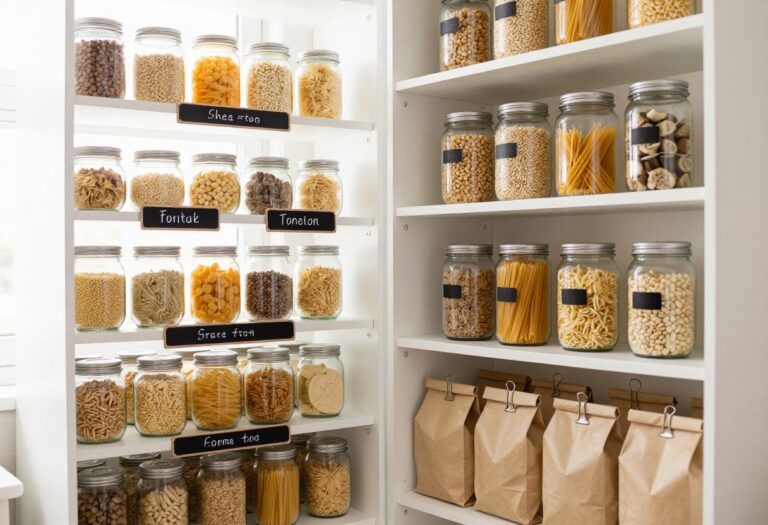 Bright pantry with organized glass jars, cardboard tiered rack, and binder clips on shelves