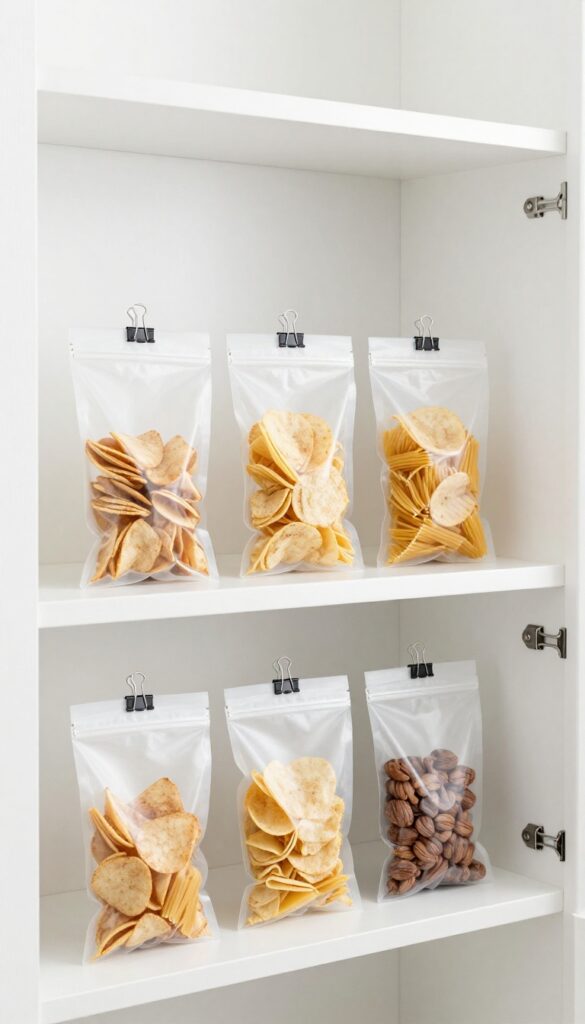 Open bags of chips, pasta, and dried goods sealed with black binder clips and clipped to the edge of a pantry shelf, keeping them upright and organized.
