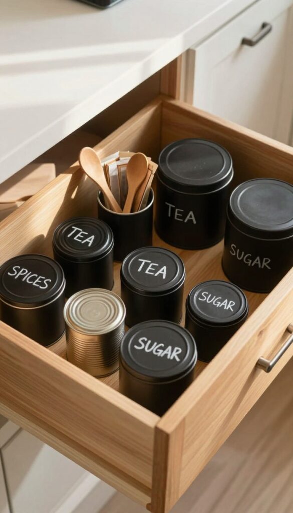 Open deep kitchen drawer with repurposed matte black tin cans labeled with chalkboard labels, containing spices, tea bags, and utensils.