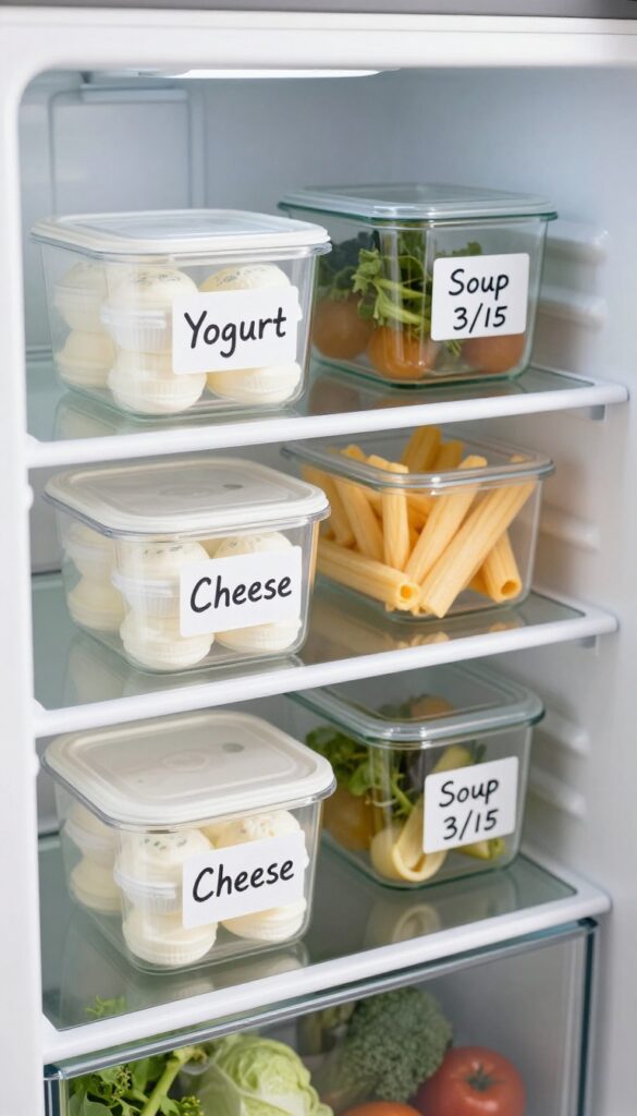 Organized fridge with labeled clear bins and glass containers using chalk labels