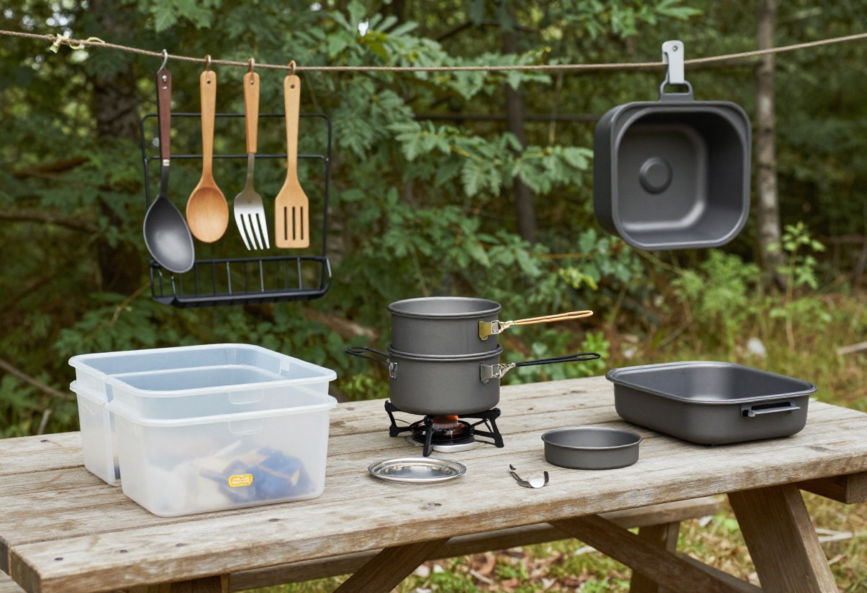 Organized camping kitchen setup with storage bins, hanging utensils, and cookware on a picnic table in a forest.