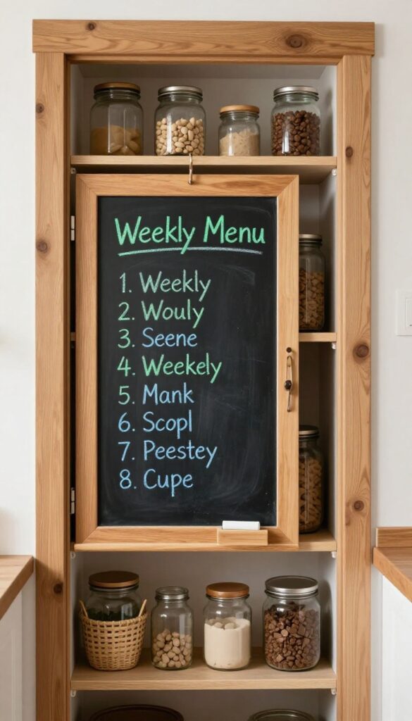 A chalkboard menu board mounted on a pantry door with a weekly meal plan written in colored chalk, surrounded by organized pantry shelves.