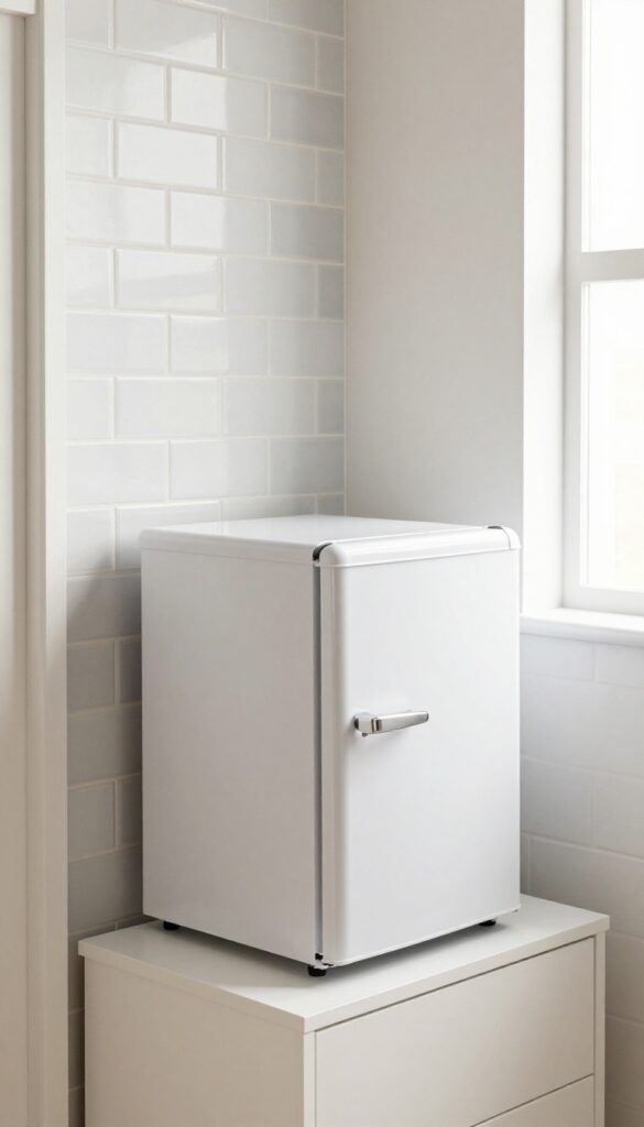 Peel-and-stick backsplash behind a mini fridge on a dresser in a bright bedroom