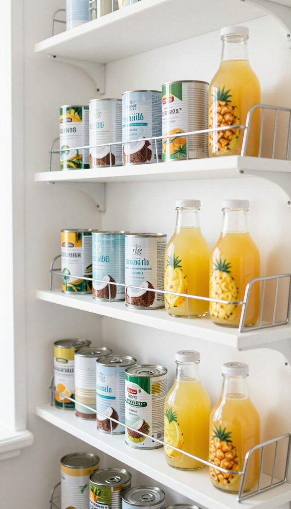 Wire magazine holders used as organizers for tall cans on a pantry shelf